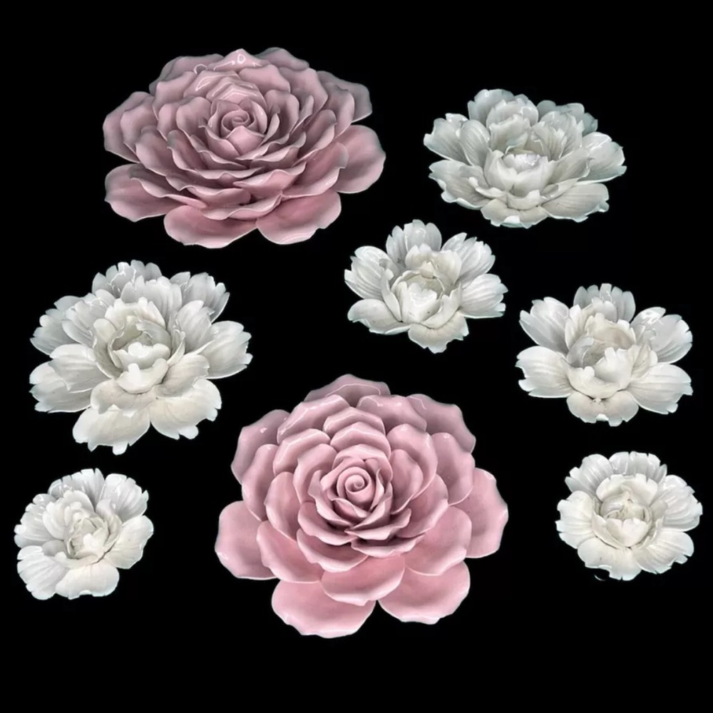 Ceramic Pink And White Flowers Wall Decor 3D Sculpture (8 pcs) for Home/Office